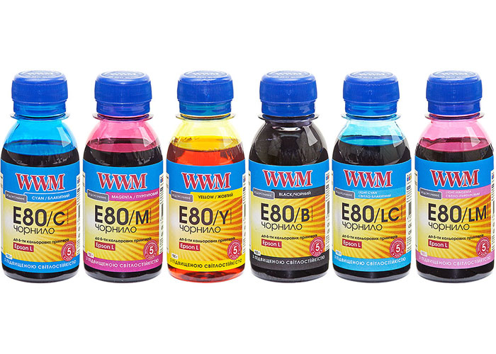 Комплект водорозчинних світлостійких чорнил WWM E80 для Epson L800, L810, L850, L1800 (6x100мл)